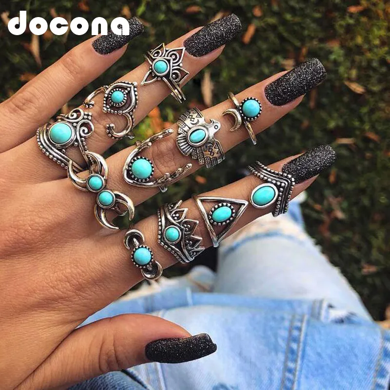 

docona Silver Deer Bird Flower Rings Set for Women Girl Geometric Green Rhinestone Knuckle Midi Rings Set 11pcs/1set 4189