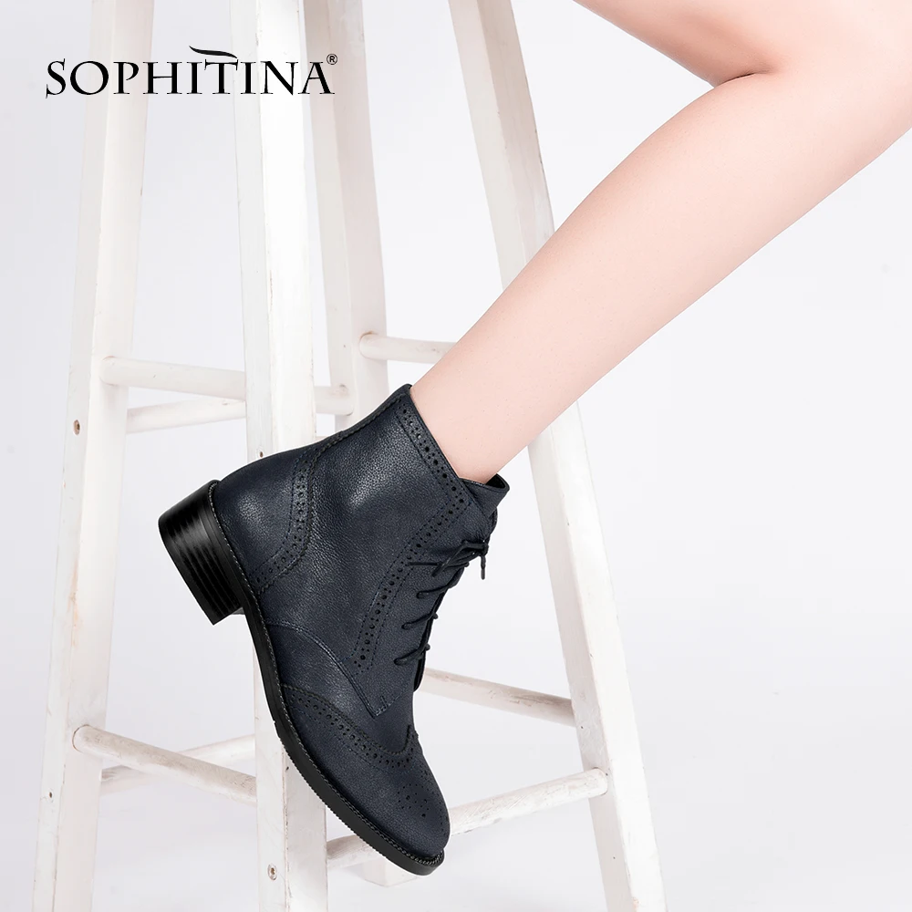 

SOPHITINA Unique Handmade Genuine Leather Woman Boots Retro Black Square Heels Warm Winter Shoes Warm Ankle Strap Boots M34