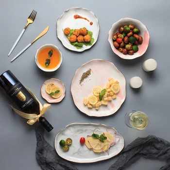 

1pc Glod Marble Ceramic Dinner Dish Plate Rice Salad Noodles Soup Bowl Sauce Sushi Fish Plate Dinnerware Sets Tableware