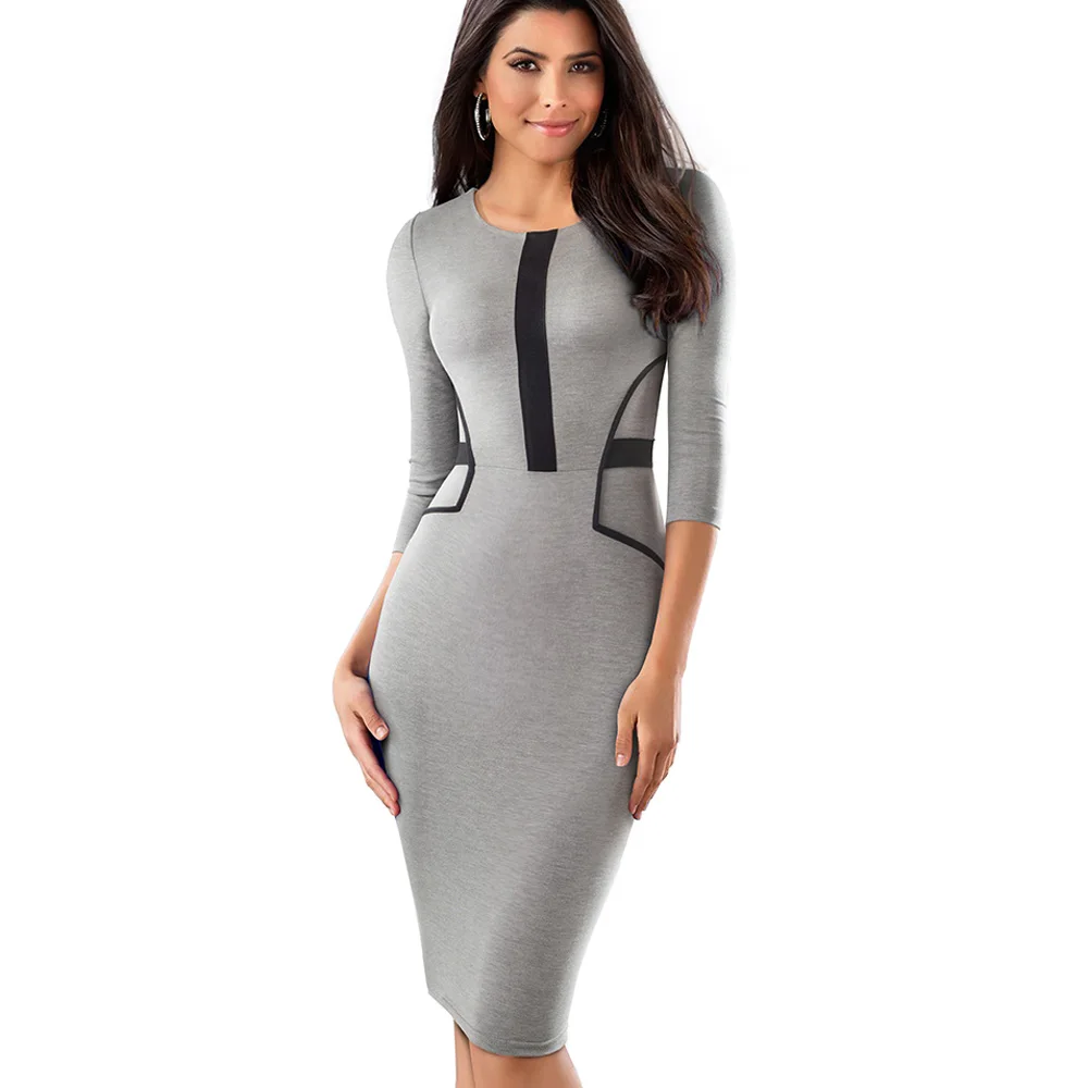 Хорошее-forever винтажное короткое лоскутное платье для работы элегантное платье vestidos с круглым вырезом Вечерние облегающее офисное деловое женское платье B480 - Цвет: Серый