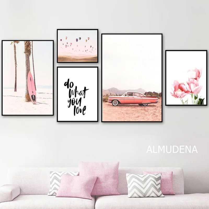 Pink Landscape Flower Canvas Painting Minimalist Nordic Poster Romantic Beach Car Wall Art Pictures For Living Room Home Decor | Дом и сад