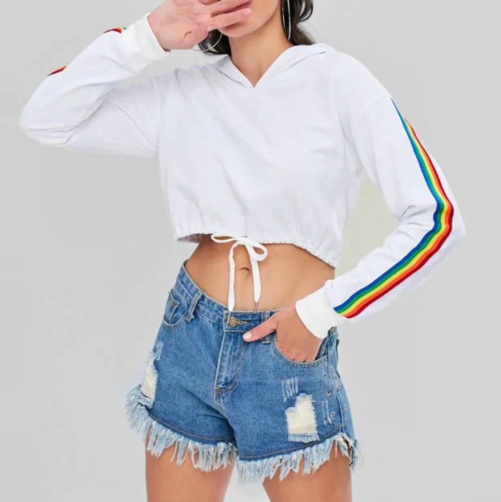

Womens Long Sleeve Rainbow Patchwork Striped O Neck Sweatshirt Women Casual White Hooded Blouse crop top hoodie Quicksand S!A70