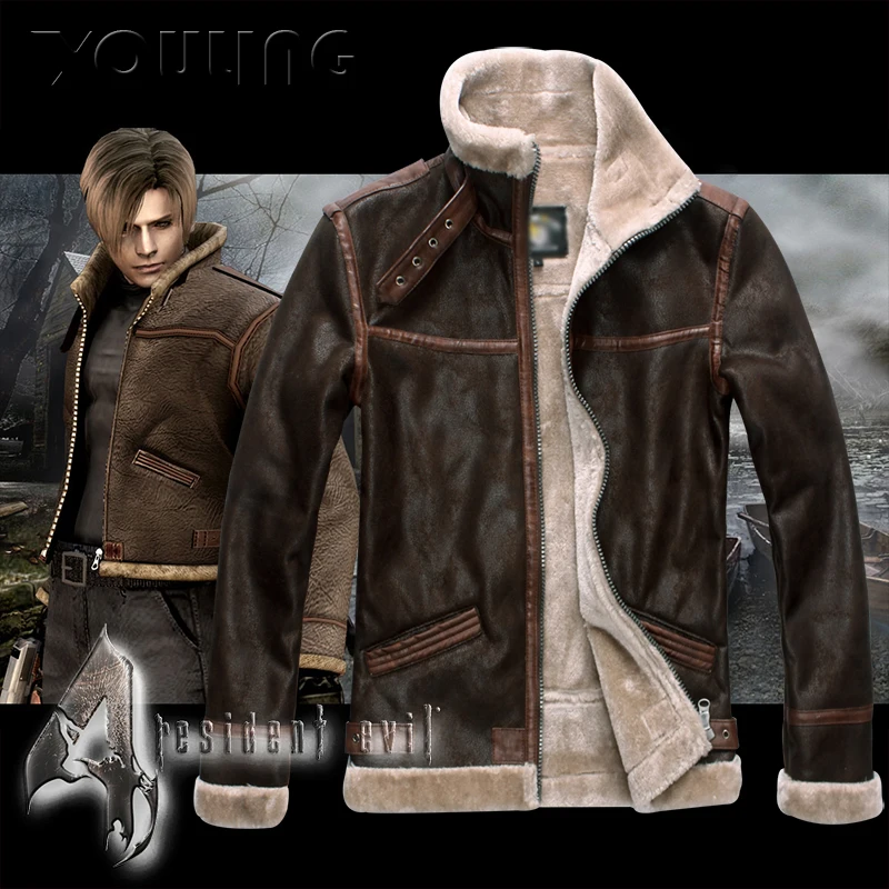 Biohazard Resident 4 Leon S Kennedy Evil Costume Leather Coat Jacket Cosplay PU Faur Jacket Long-sleeve Winter Outerwear Men Boy 5
