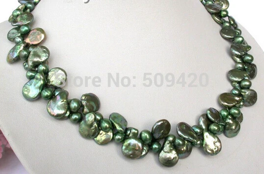 

W&O653 CLASSIC double 12mm peacock green round coin freshwater pearls necklace