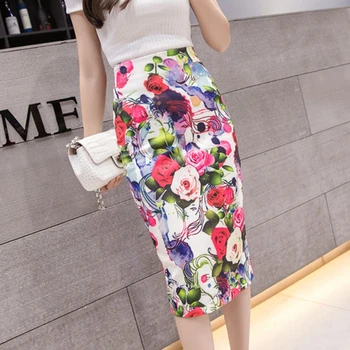 

2019 Women Pencil Skirt High Waist Knee-Length Bodycon Midi Skirt Ladies Casual Flower Print Slim Hip Skirt 3221