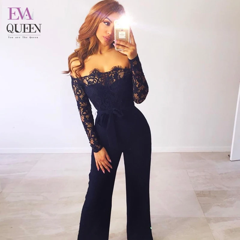 

Tobinoone Lace Up Sexy Long Jumpsuit Romper Women Off Shoulder Sashes Floral Playsuit Summer Elegant V Neck White Lace Overall