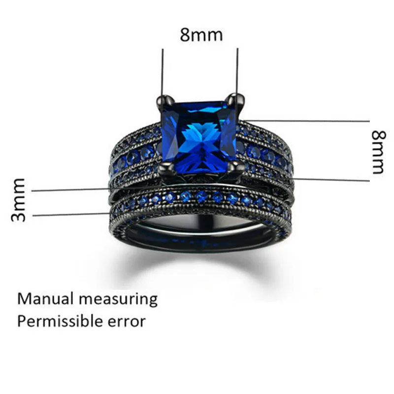 His & Hers Couples Ring Sets Womens Black Gold Filled Blue Stone CZ Engagement Bridal Rings Mens Stainless Steel Wedding Band