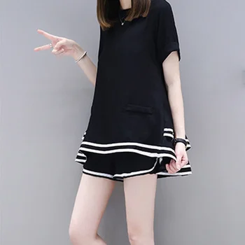 

2019 Summer Women Set Two Piece Set Fashion O-Neck Top And Shorts Loose Black Women women two piece outfits
