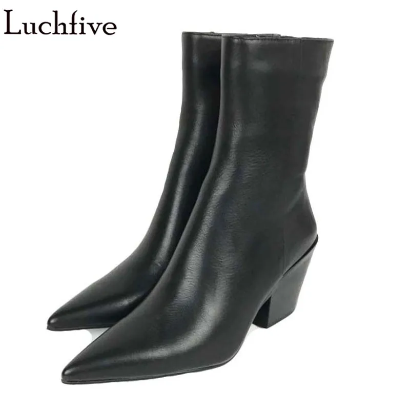 

2018 newest black genuine leather Short martin Boots square high heel pointed toe runway style Ankle Boots for women shoes