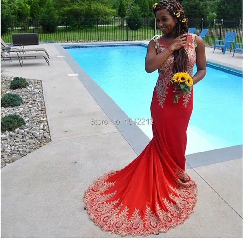 Gold Lace Beaded Sexy Red Mermaid Prom Dress Long Train Sexy Women