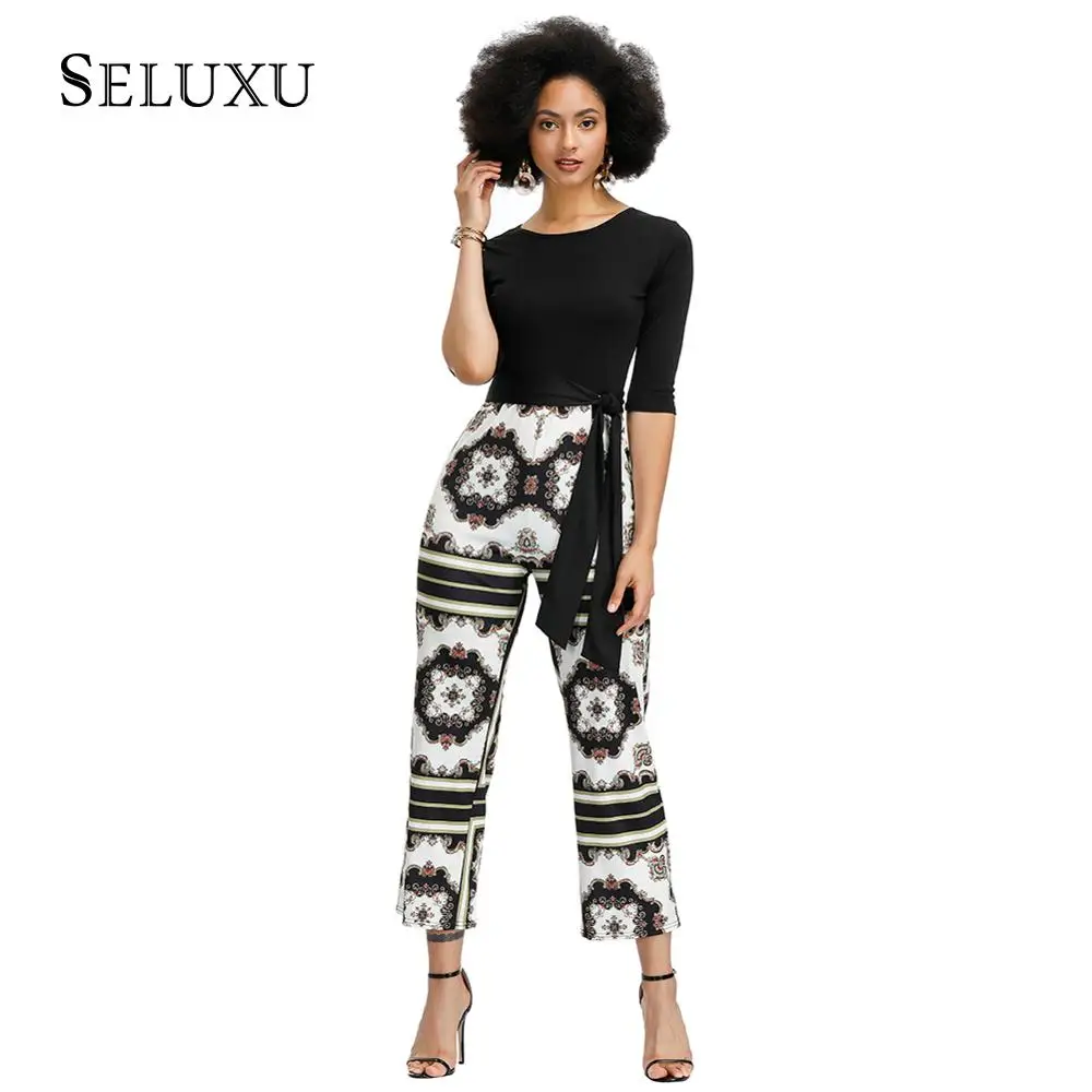

Seluxu 2019 Autumn Women Jumpsuit Round Neck Three Quarter Sleeve Patchwork Women Jumpsuit Women Rompers Aumtumn Rompers