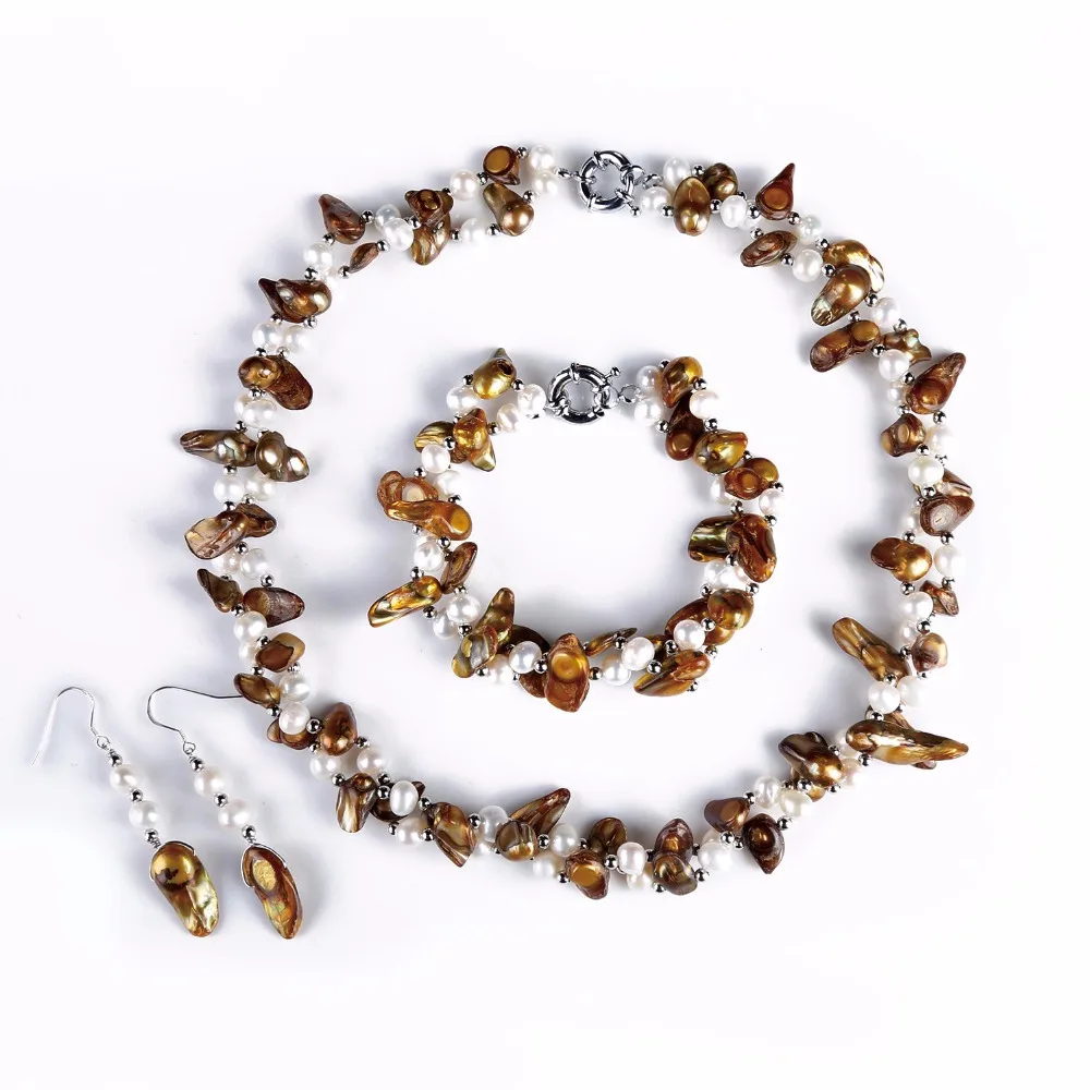 

CKKU Jewelry 2019 Elegant Two Twisted Strands Light Brown Blister Pearl Earring Bracelet Necklace Jewelry Set for Ladies FN415