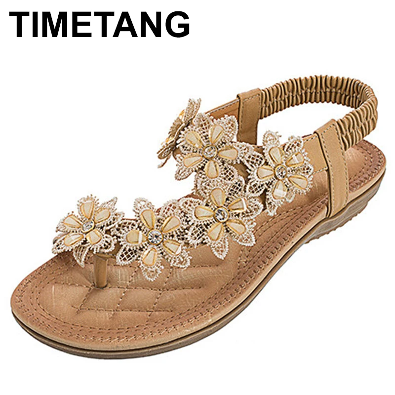 

TIMETANG 2018 women sandals summer boximiya style white color sweet floral beaches crystal flip flops women flats size 36-41
