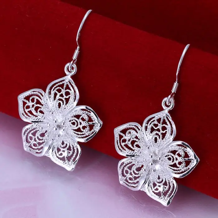 

Elegant hollow flower for women cute popular beautiful fashion silver color party Earring Jewelry wedding party lady E035