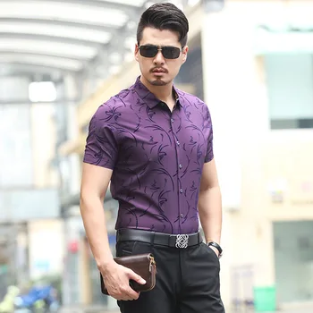 

Men's Shirt Summer Short Sleeves New Vintage Print Business Shirt 2019 Fashion Men Smart Casual Shirts PURPLE BURGUNDY BLUE