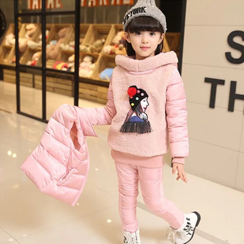 Комплект теплой одежды для русской зимы для девочек, куртка-жилет с капюшоном+ теплый топ, Хлопковые Штаны, комплект из 3 предметов, хлопковое пальто с теплым капюшоном для девочек - Цвет: pink
