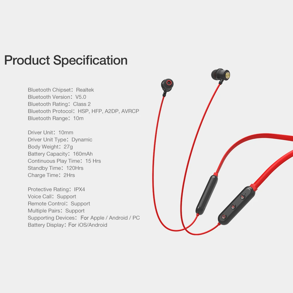 5 160mAh IPX4 Bluetooth V5.0 Magnetic Auto On  Off Earphone Handsfree Neckband (4)