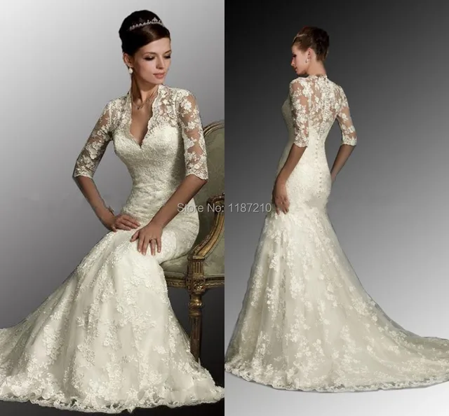White Ivory Vintage Wedding Dresses Lace Mermaid Sheer Half Sleeves White Ivory Vintage Wedding Dresses Lace Mermaid Sheer Half Sleeves Bridal Gowns Plus Size Bolero Winter