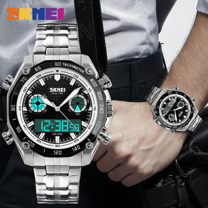 Спортивные часы мужские модные 30 м водонепроницаемый светодиодный Электронные роскошные часы ударные из нержавеющей стали двойной дисплей наручные часы мужские s SKMEI