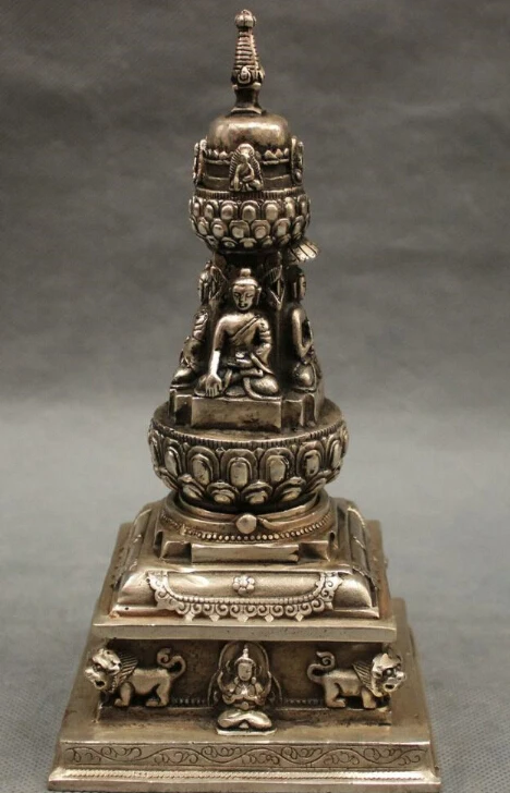 

8" Tibet Silver Shakyamuni Sakyamuni Buddha Statue Stupa Incense Burner Censer