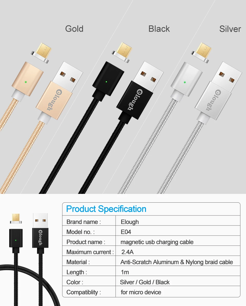 Elough E04 Магнитный USB кабель для Microusb мобильного телефона, кабель для быстрой зарядки, магнитный кабель для зарядки и синхронизации данных, кабель Micro USB