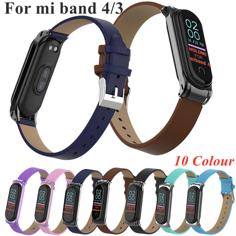 Colorful Leather Mi Band 4 3 Metal strap For xiaomi Mi Band 4 3 PU Stainless Bracelet MiBand 4 3 Wristbands Replacement straps