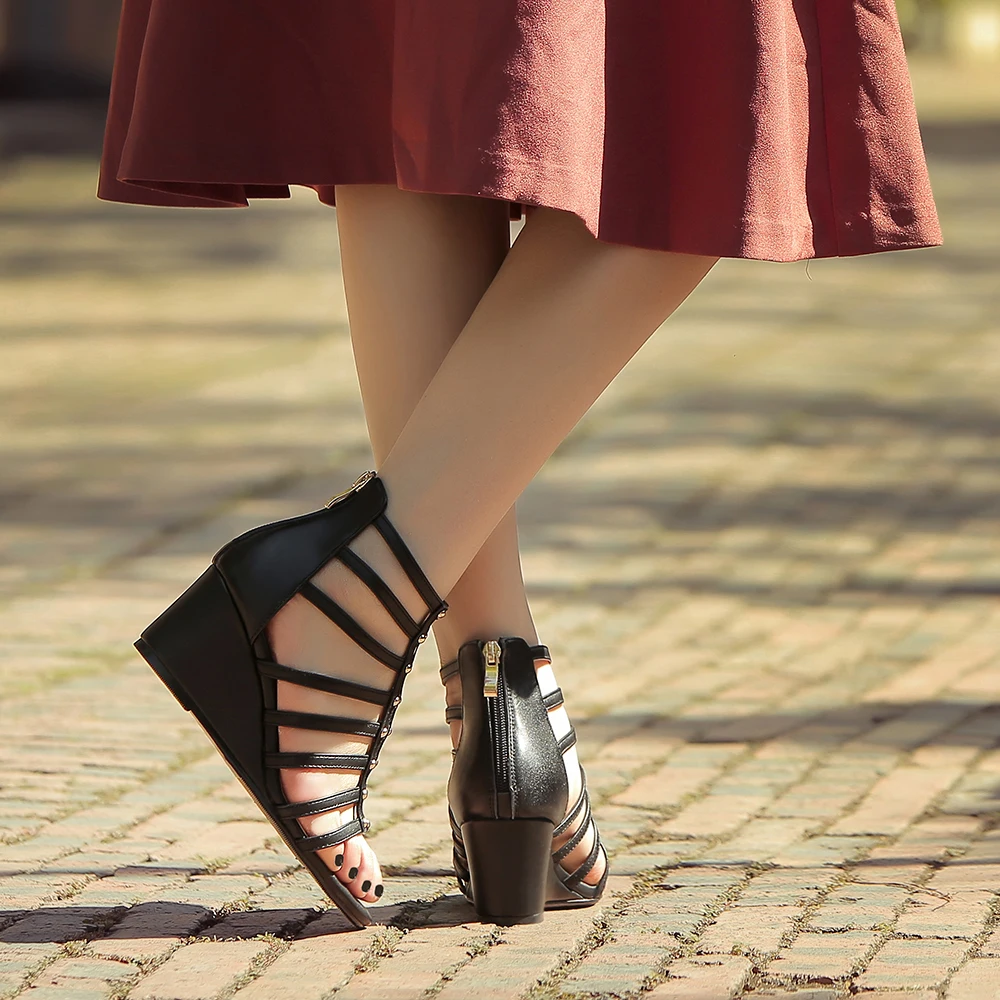 

Women's Genuine Leather T-strap Wedge Gladiator Sandals Brand Designer Rivet Summer Comfortable Ankle Boots Sandalias Shoes Sale