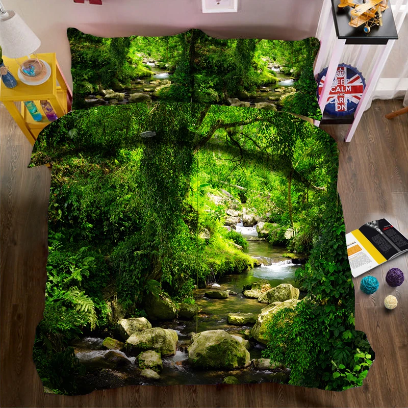 

Creek and stone in green forest 3d effect photo bed linen can be customized photo pattern