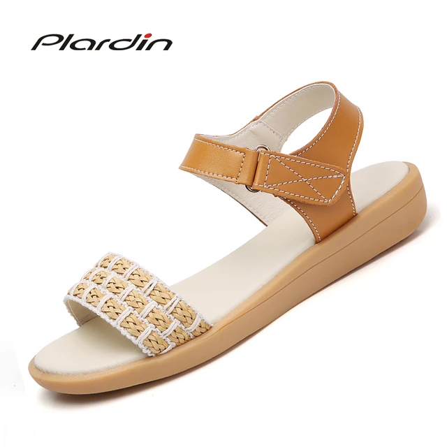 plardin 2018 women shoes summer Buckle Strap flat heel Genuine leather casual Ankle Strap shoes woman beach sandals slippers