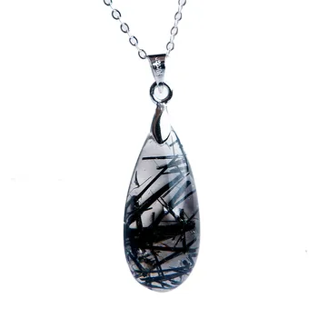 

Genuine Natural Black Rutilated Quartz Crystal Water Drop Bead Fashion Pendant Suspension Woman Female AAAA