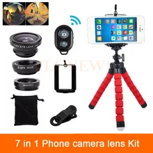 7in1 телефон Объективы для фотоаппаратов комплект 3in1 Fisheye Широкий формат макрообъектив для iPhone 6 6 S 7 Plus 5 5S 4 4S зажимы штатив Bluetooth затвора