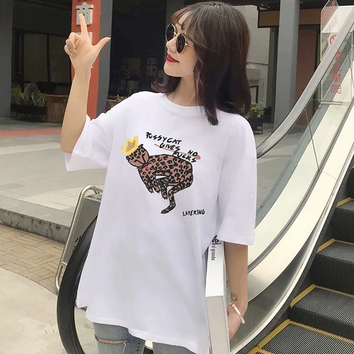 

Simple Cat Printed Casual Loose White Cotton Basic All Match 2019 Summer New Arrival Female Women Short Sleeve Top T-shirts
