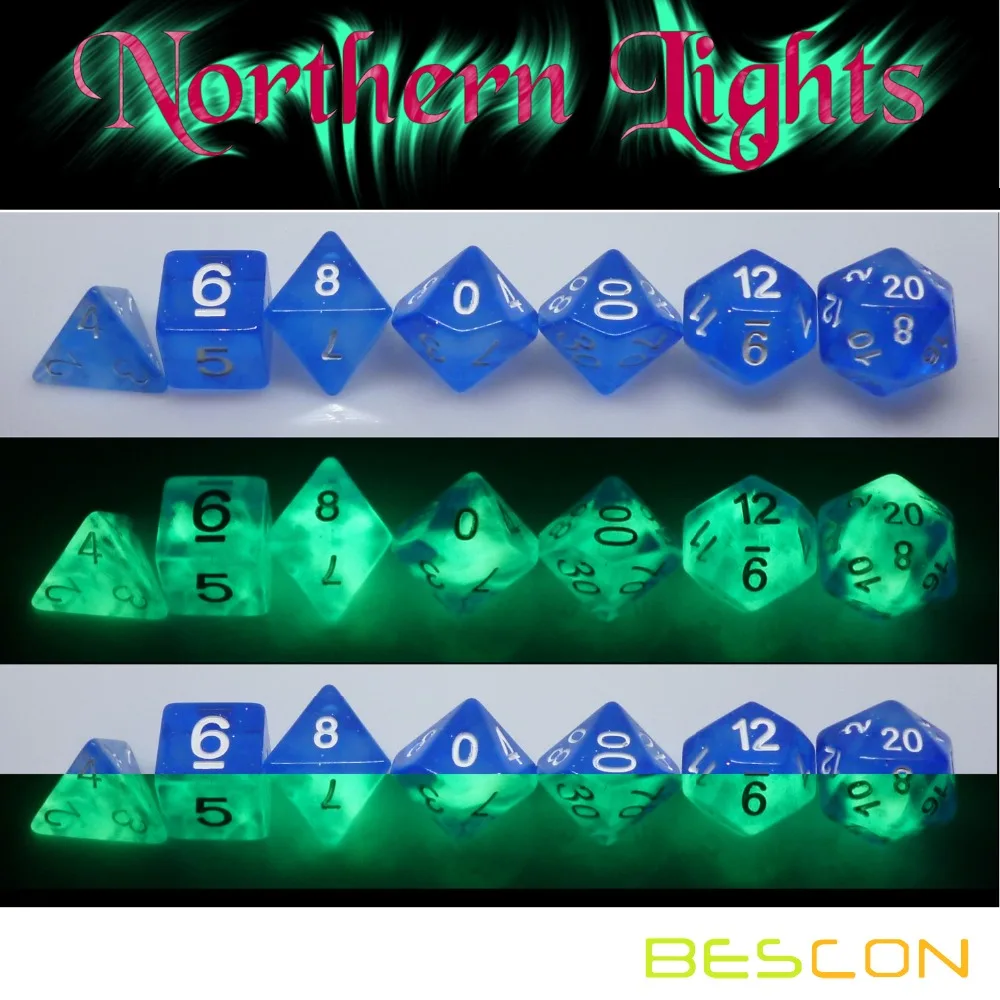 Bescon Super Glow in the Dark Nebula Glitter Polyhedral Dice Set NORTHERN LIGHT, Luminous RPG Dice Set, Glowing Novelty DND Dice 4