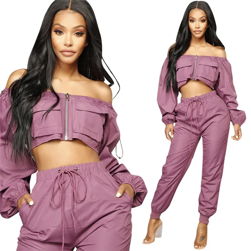 

Sexy 2 Piece Set Women Tracksuit Off The Shoulder Crop Top and Pant Set Jogger Sportwear Casual Two Piece Outfits Sweat Suits