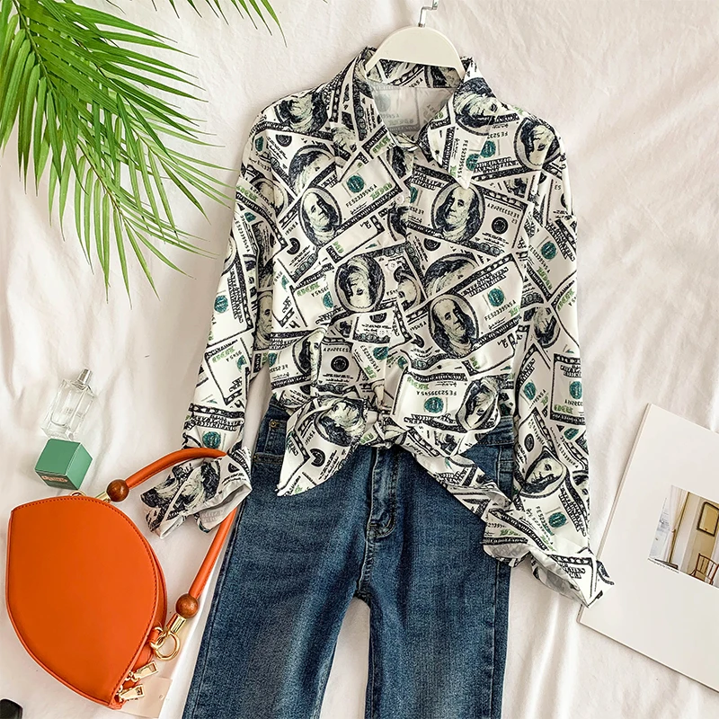

2019 new fashion women's blouse shirt Retro dollar pattern stand collar long sleeve loose lazy shirt top