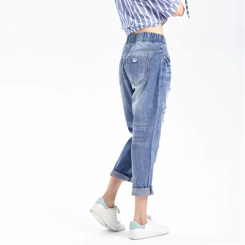 Мода, корейские женские джинсовые шаровары, рваные джинсы бойфренда, женские рваные свободные джинсы, женские штаны длиной до щиколотки размера плюс