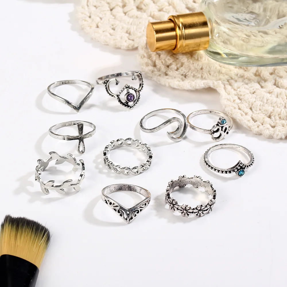 

Crystal Ring Set Antique Silver Color Midi Knuckle Finger Rings For Women Hollow Cross Crown Flower Jewelry Accessories 10pcs