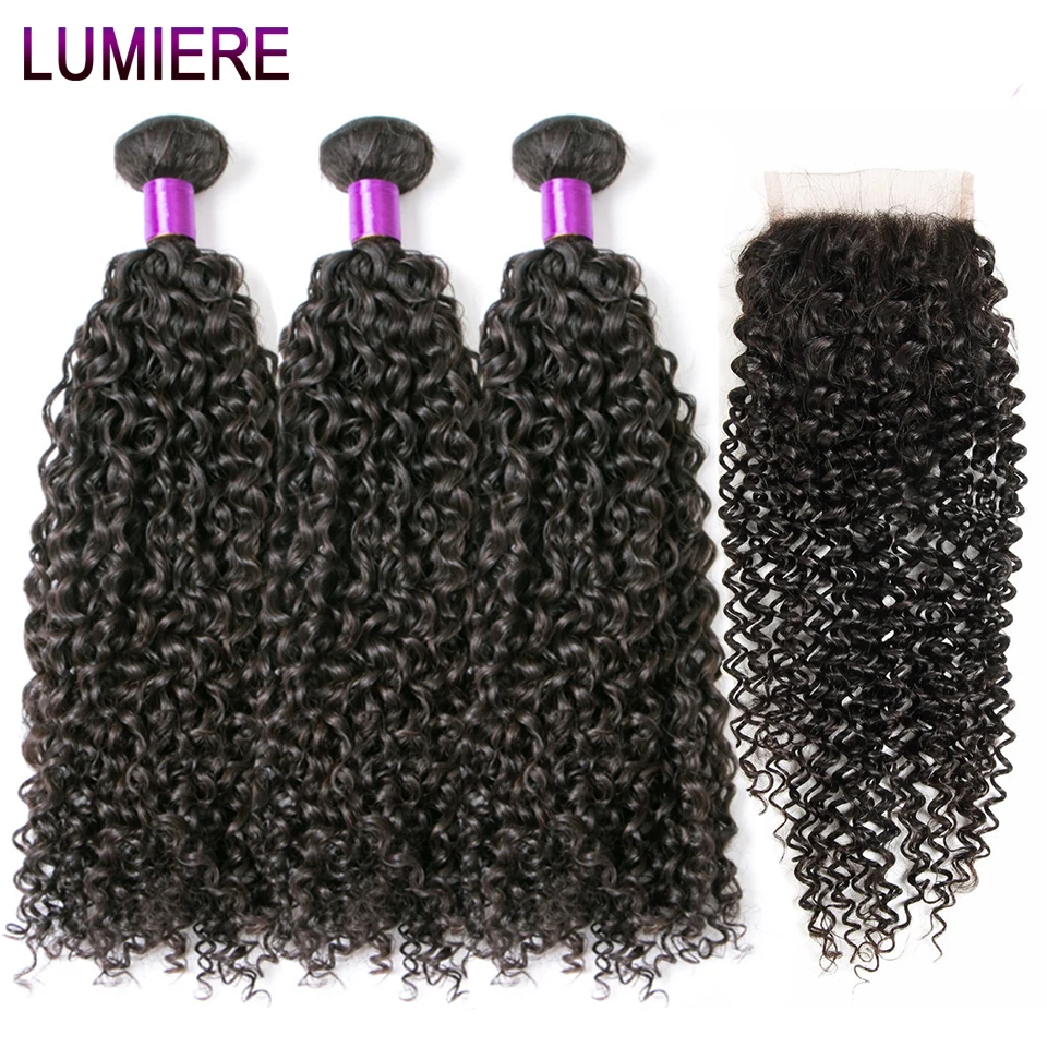 

Lumiere Hair Bundles With Closure Non Remy Kinky Curly Human Hair Bundles With Closure Natural Color Brazilian Hair Weave Bundle