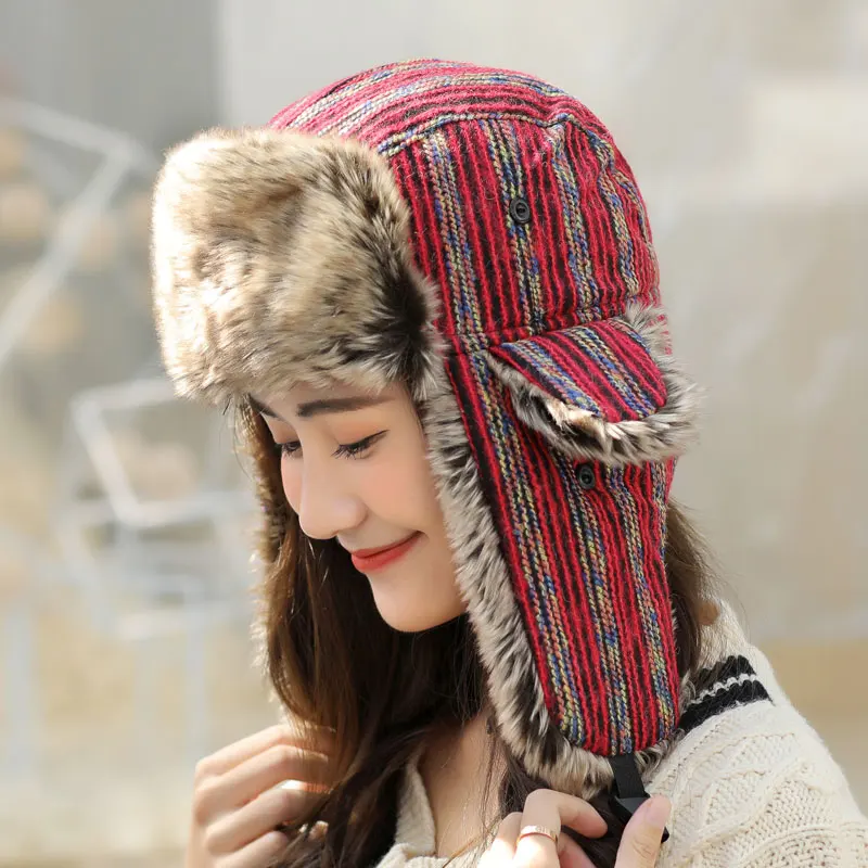 Adult Winter Warm Bomber Hats Girls Ear Protection Flat Cap Lady Bomber