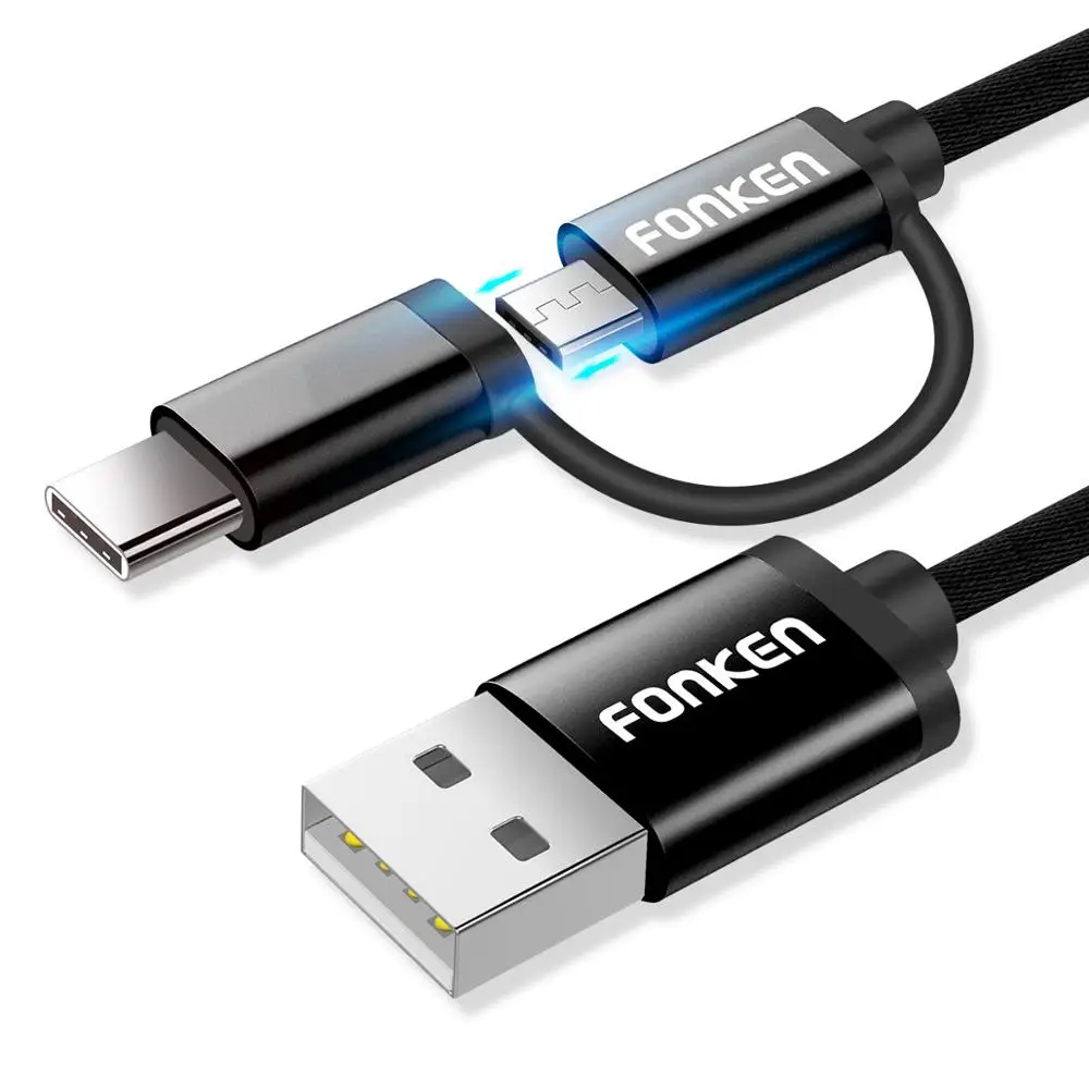 FONKEN Micro usb type C USB кабель 2 в 1 двойной USB разъем для зарядки телефона шнур type-C зарядка для мобильных телефонов Android кабели - Цвет: Black usb cable