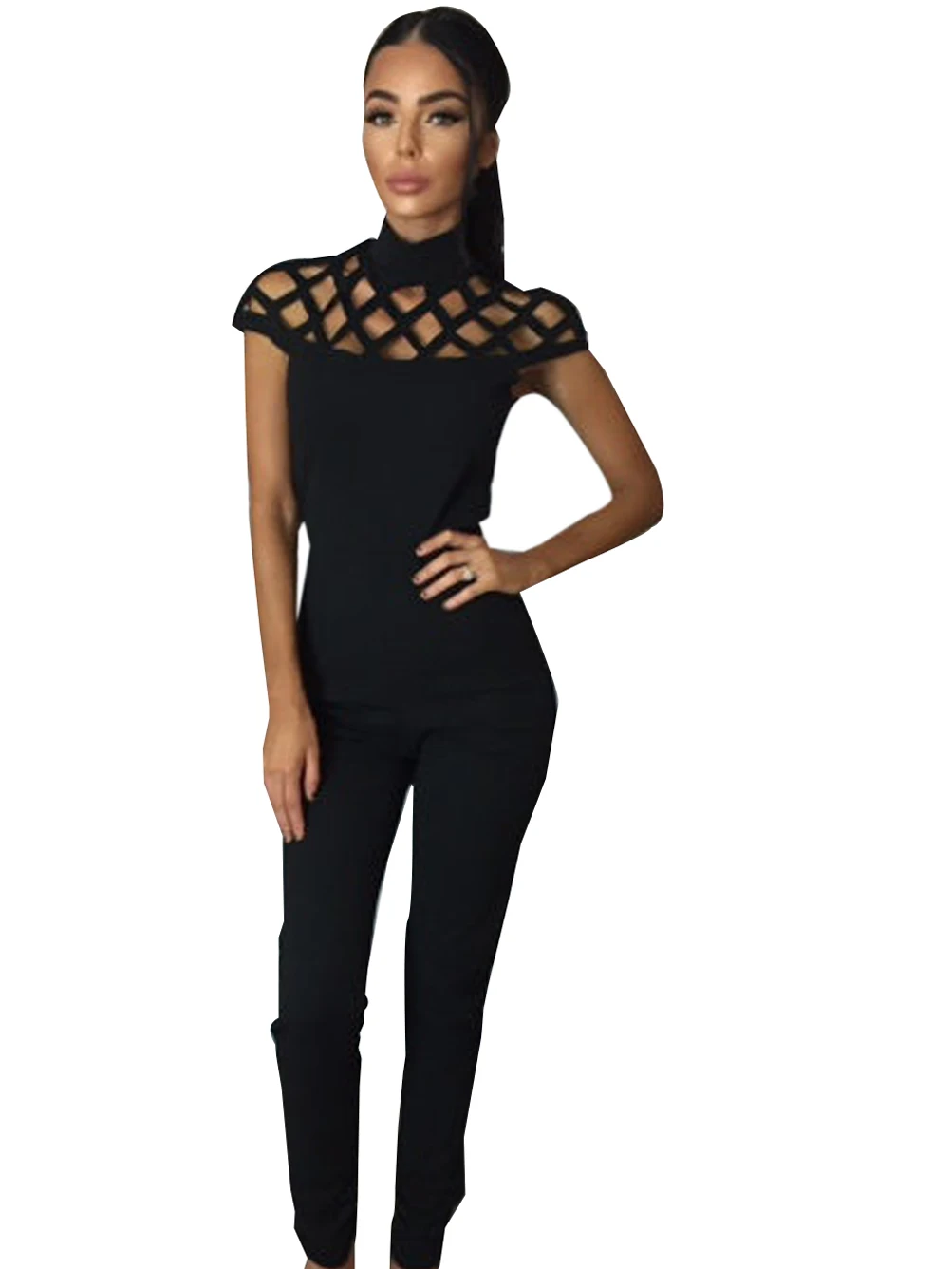 Hollow Out Solid Turtleneck Jumpsuit Slim Short Sleeve Skinny Sexy