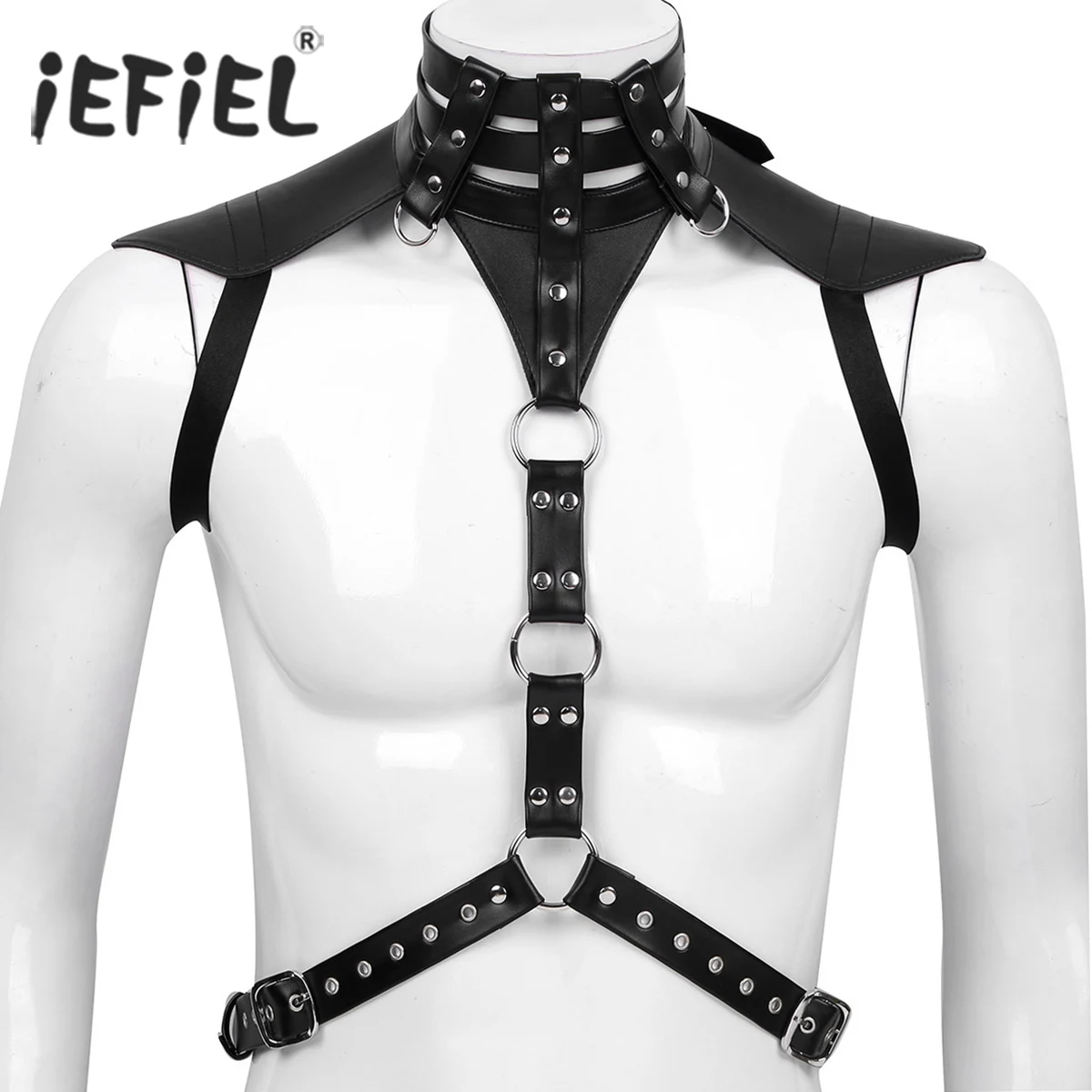 

Mens Body Chest Harness Belt Faux Leather Halter Neck Adjustable Buckles with O-rings Fancy Costume Muscle Sexy Clubwear Straps