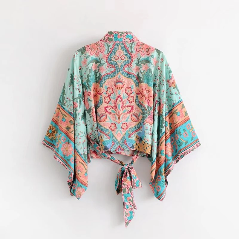 Boho Chic Summer Short Tops Vintage Peacock Floral Print Kimono Women 2019 Fashion Batwing Sleeve Beach Shirt Blouse Blusa Mujer
