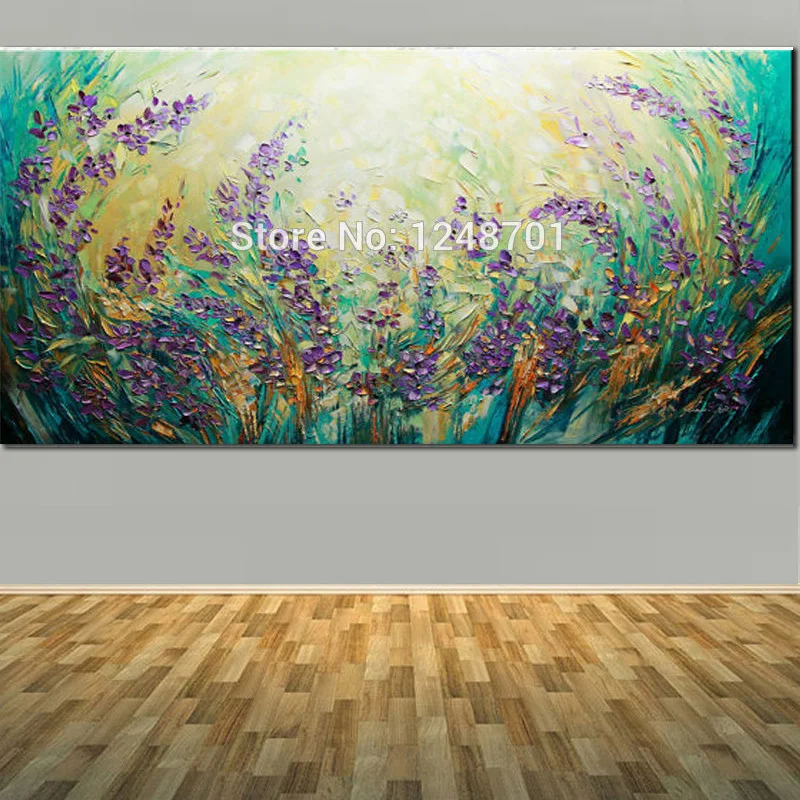

Large Size Hand Painted Landscape Purple Flowers Abstract Oil Painting Contemporary Modern Textured Palette Knife Wall Art Decor