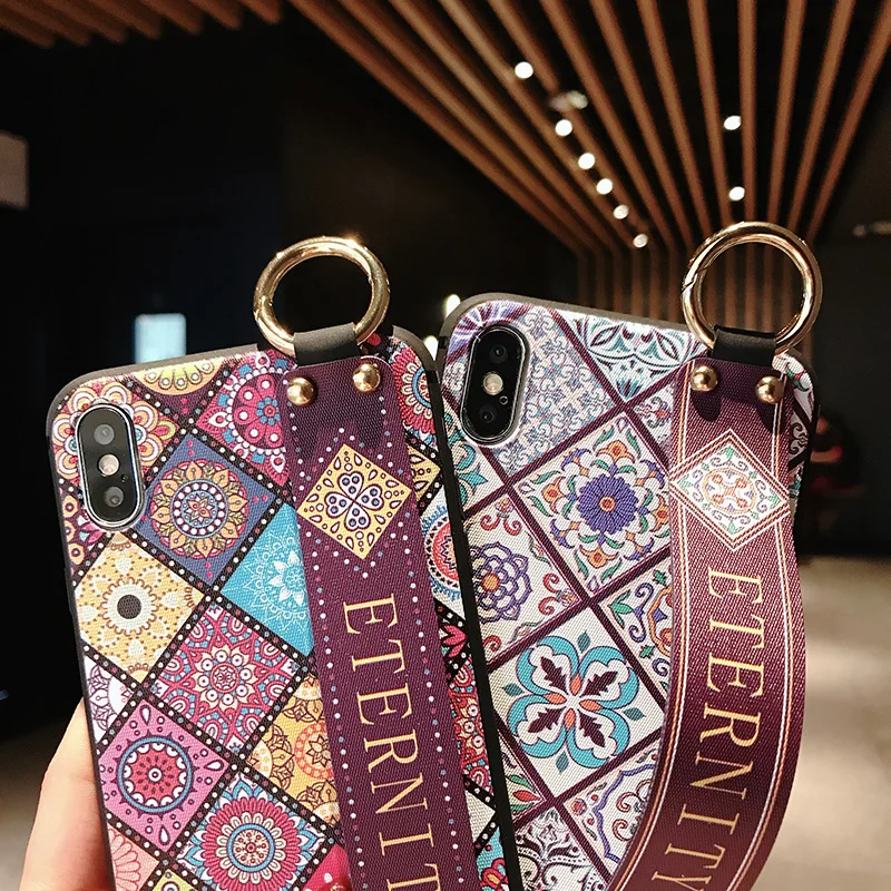 SoCouple Wrist Strap Soft TPU Phone Case For iphone 7 8 6 6s plus Case For iphone X Xs max XR Vintage Flower Pattern Holder Case