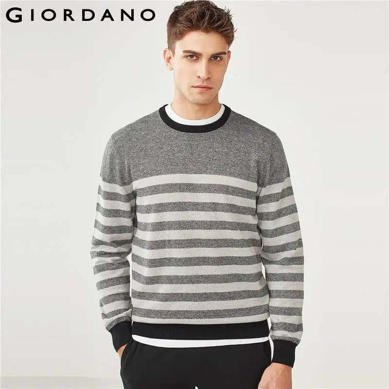 

Giordano Men Pullover Sweater Men Combed Cotton Contrast Color Pullover Patchwork Smooth Warm Sweater Quality Ribbed Cuffs