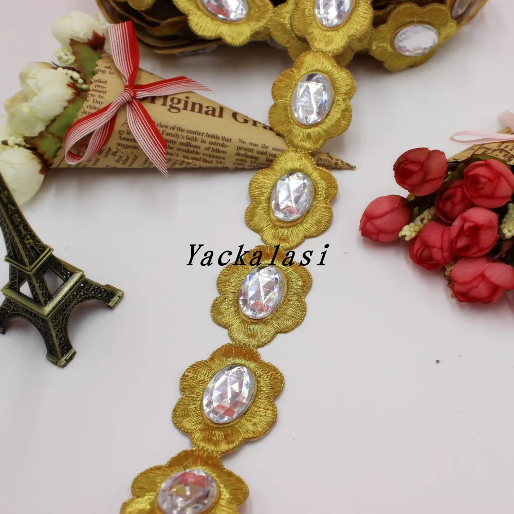 

YACKALASI 3 Yds/Lot Gold Flower Lace Crystal Diamond Appliqued 3D Ribbon Embroidered Floral Braid Iron on Lace 3.8cm