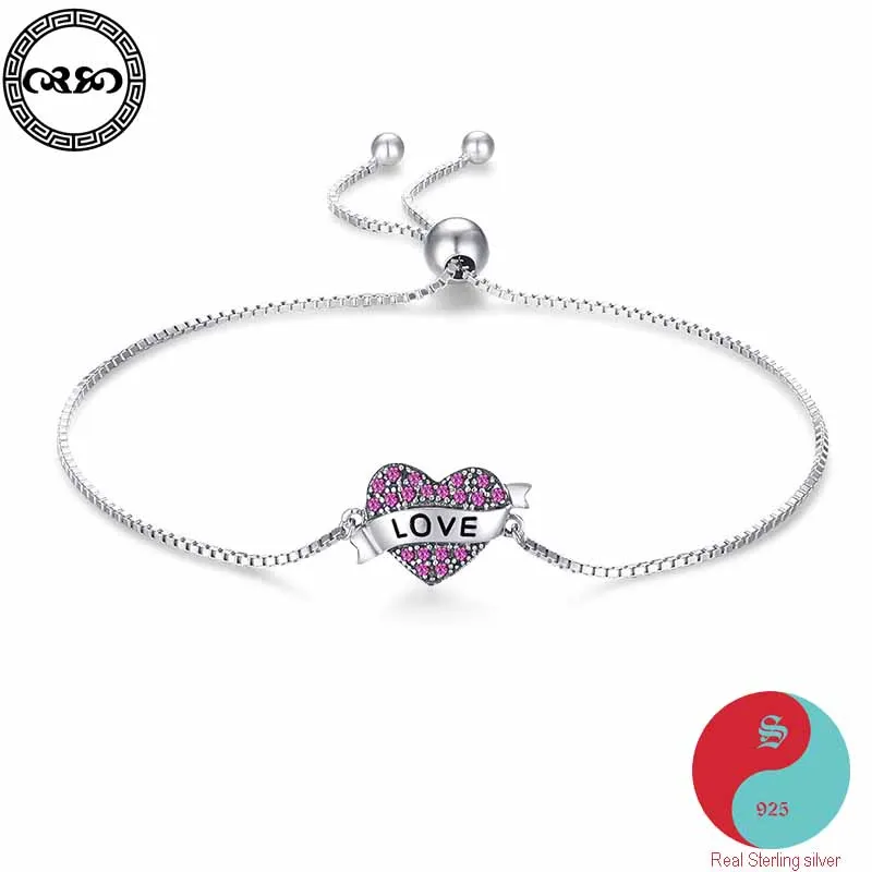 

Cute Real Pure 925 Sterling Silver Bracelet expandable delicate cuff glam diamant Love heart bracelet women's Luck Fine Jewelry