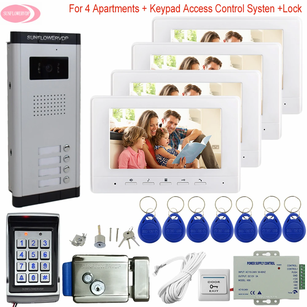 7\ Monitors Residential Security Keypad Access Control Video Intercom for a Private House Intercom on 4 Buttons +Electric Lock