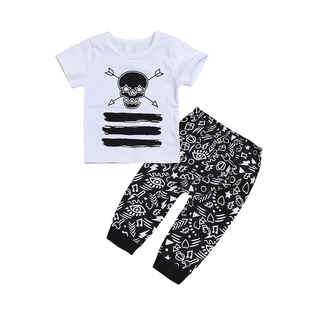 

Newborn Infant Baby Boy Clothes Short Sleeve T-Shirt Skull Tops Long Print Pants Outfit 2pcs Set Summer Clothing0-24M